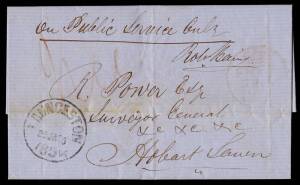 1854 OPSO entire to the Surveyor-General with '[crown]/FREE' cds in red & Launceston cds, countersigned "Robt Bain", minor stain on the face. [The letter is a request from William Johnstone to purchase 500 acres at New Plains that he had been occupying un