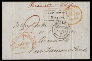 1854 stampless outer from GB per "Private Ship" with 'HULL' cds & London 'PAID' cds in red, superb strike of the rounded-boxed 'SHIP-LETTER-INWARDS-FREE/30AP30/1855' d/s in red & boxed 'CAMP TOWN/1May55' arrival d/s. Superb! [The postscript to the letter 