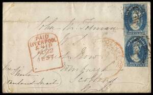 1857 (May) cover to Scotland "Per Simla/Overland Mail" with Large Star 4d x2 (both with margins just clear to good) paying double the ship letter rate, Liverpool tombstone arrival d/s of AU22/1857 in red, ironed-out horizontal fold affects the upper unit.