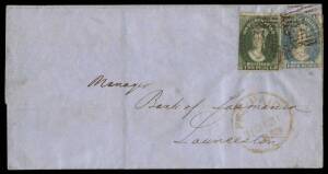 1858 (Dec 31) outer with Imperf 2d green (3 large margins) & 4d pale blue untidily cancelled, 'PRE-PAID/31DE31/1858' cds in red of Hobart & similar boxed arrival b/s of Launceston on 1JA1/1859, minor blemishes. The 6d inland letter rate is quite scarce. I