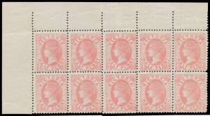 Mint blocks comprising Naish &frac12;d pink SG 296 upper-left corner block of 10 (5x2) & 3d bistre-yellow SG 361 lower-left corner block of 12 (3x4), and Astley 1d green SG 312a block of 20 (4x5) & 6d blue SG 365 marginal block of 8 (4x2), a few minor problems b