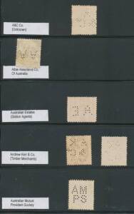 Commercial perfins collection on stocksheets from 'A/& Co' (unknown) to 'WH/B' (WH Blackham) including many scarce & some unusual patterns, some minor duplication, also 'BS/&Co' on Beath Schiess illustrated advertising front, plus revenues with 'CANCELLED