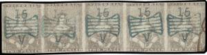 1850-59 Half-Lengths Ham Second State of the Dies (Fine Border but Coarse Background) 2d grey-lilac SG 6 horizontal strip of 5 [26-30] with virtually full margins (just touching at right & at the top of the second unit), the fourth unit with a tiny natura