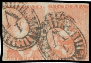 1850-59 Half-Lengths Ham Third State of the Dies (Framelines Added) 1d dull orange-vermilion SG 8 Abnormal Pair [5-28], margins just touching - at the base of the second unit - to large with a fragment of the adjoining unit at upper-left, minor wrinkling,