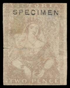 1850-59 Half-Lengths Ham Vertical Drapes 2d brown-lilac SG 16b [15] with small sans serif 'SPECIMEN' handstamp (KTM Type 10), faults but of reasonable appearance, Cat &pound;4250 unused. Rare. Ex Rodney Perry. RPSofV Certificate (2014). [Kellow, Turner & McCre
