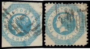 1854-59 Shilling Octagonal 1/- blue SG 25/a with Retouch below 'IL' of 'SHILLING', three margins with fragments of two adjoining units; and 1859 Perf 12 by Robinson 1/- blue SG 81/a with the same retouch, a few short perfs. Ex Geoff Kellow & Michael Silva