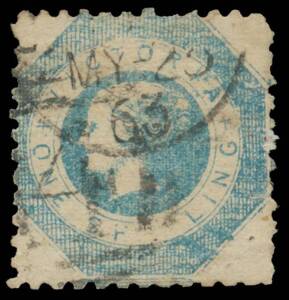 1854-59 Shilling Octagonal 1859 Perf 12 by Robinson 1/- blue with Defective 'SH---LING' SG 81var, well centred, a couple of tiny natural aeration holes, Melbourne duplex. A quite dramatic transfer flaw.