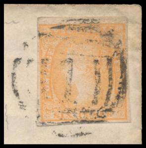 1854-73 Woodblocks Experimental Separations 6d orange with Serpentine Roulettes at the top & lower-left otherwise cut from the sheet to preserve the design, tied to late-1857 cover to Rutland by BN '1' of Melbourne (b/s), very fine Leicester transit of JA