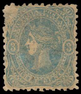 1860-66 Beaded Ovals Watermark Value in Words 3d pale blue SG 90 with Void Corner at Upper-Left, remarkably well centred, lightly stained from the original "blackboy" gum, unused, Cat &pound;225++. A rare variety in unused condition: an example is illustrated b