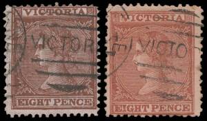 1867 Laureates V/Crown Perf 13 8d lilac brown/pink as SG 137 but in a very deep shade, Melbourne duplex cancel. Rare. With three normal shades for comparison. [Geoff Kellow at page 173 states that about 8 used examples in a very deep shade are recorded. L
