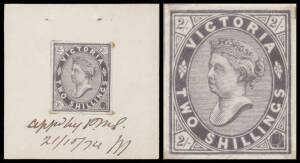 1873-87 Designs by William Bell 2/- unfinished die proof with blank value tablet at lower-left in purple-black on thin paper reduced to stamp-size & affixed to a somewhat larger piece of thin card (53x54mm) that is endorsed below "appd by PMG/21.10.74/M",