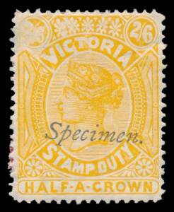 1884-1900 Large Stamp Duty Typo Perf 12&frac12; 2/6d orange-yellow, 3/- drab, 4/- orange, 6/- pea green & 10/- grey-green plus Perf 13 5/- claret/yellow, each with 'Specimen.' handstamp, minor imperfections, large-part o.g. (6)