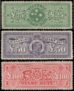 1884-1900 Ultra-High Values Recess Wmk '33' &pound;25 deep green SG 283b, &pound;50 black-violet SG 284a & &pound;100 aniline crimson with the Watermark Upright SG 285c (minor perf stains caused by the regumming)