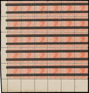 1905-13 Crown/A Perf 11 1d rose-red as SG 434a but each unit overprinted with heavy parallel bars BW #V45c lower-left corner block of 30 (6x5), full unmounted o.g., Cat $750++. [Prepared for coil machine trials]