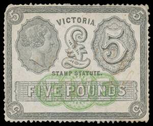 REVENUES: A rather scrappy group with a few better values including Stamp Statute &pound;1 & &pound;5 (pen cancellation largely removed), Stamp Duty 1/- ultramarine mint, &pound;1/5/- pen cancelled, etc, selection of low denominations on receipts, condition variable. (62 +