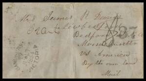 1854 large-part stampless entire headed "Bendigo June the 15 1854" & signed "James R Davis", to "Newbedford/ Massechusetts", very fine oval 'SANDHURST/[crown]/JU*17/1854/VICTORIA' d/s on the face & Melbourne b/s, Liverpool transit b/s & part-'BOSTON/OCT/1
