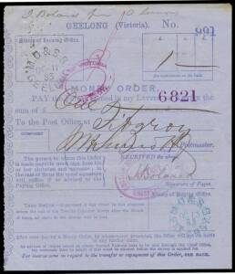 1883 'MONEY ORDER' blue/blue form with very fine 23mm 'MO & SB/GEELONG' cds & largely fine 'MO & SB/FITZROY' cds in blue, pinholes at upper-left & two minor repaired spikeholes. A very rare item of Post Office stationery: see Dave Elsmore's article on sim
