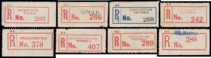 REGISTRATION LABELS: Two volume collection of mostly blue on white types but including a good number of "reds" & many blue/black types, some provisionals & Rat's Tail varieties, noted 'YARRAWEYAH' (for 'YARROWEYAH') spelling error. A good basis for expans