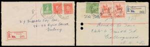 Incongruent labels & cds 1935-39 covers cancelled in transit 1) with red labels from 'Archdale Junction', 'ELINGAMITE', 'Naneella South' (error for 'Nanneella'), 'Olangolah East', 'YELLANGIP NTH', provisional "Gorae" & 'HARDING'S'; 2) with provisional blu