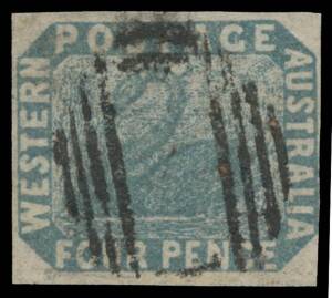 1854-55 Lithographs Imperf 4d slate-blue SG 3c, margins just clear - at right - to large, bold void grid cancel, Cat &pound;1200. RPSofL Certificate (1985) states "small repair".