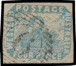 1854-55 Lithographs Imperf 4d pale blue with Tilted Border SG 3i, margins close to large, fine 15-bars '6' cancel of Albany, Cat &pound;1400. Superb! [This is a major variety but most examples offered are incorrectly identified. There are two key indicators: 1)