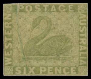 1860-64 Recess in the Colony from Perkins Bacon Plates Imperf 6d sage-green SG 28 with Pre-Printing Paper Fold, margins close to good, unused, Cat &pound;2500.