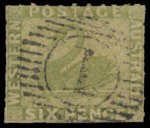 1860-64 Recess in the Colony from Perkins Bacon Plates Rouletted 6d sage-green SG 32, the rouletting clear on three sides & just into the design at the top, neat 15-bars '1' cancel of Perth, Cat &pound;650.