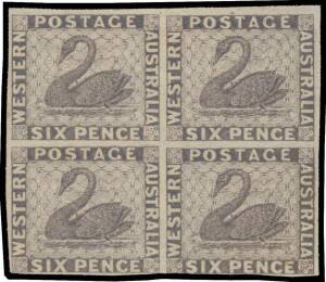 1861 Printed by Perkins Bacon 6d Imperforate plate proof block of 4 in black-violet on ungummed unwatermarked paper, margins just shaved - at the base of the last unit - to large. [Dr Cecil Walkley's very fine block of 4 in dull violet sold at the Presti