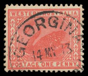 Georgina: 'GEORGINA/14MY13/[WESTN AUSTR]ALIA' (recorded 1911-1914 only) very fine strike on 1d. PO 1/7/1904; closed 12/9/1929. [Railway siding 18km SE of Geraldton]