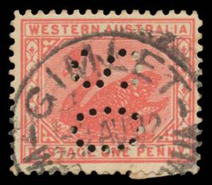 Gimlet: 'GIMLET/9AU12/W[ESTN AUST]RALIA' (RO period) very fine strike on 1d Swan perf 'OS'. Recorded 1JL12 to 24SE12 only. RO 16/7/1909; PO 1/8/1911; replaced by Ora Banda 2/4/1913. [Goldmining: 26km WNW of Broad Arrow]