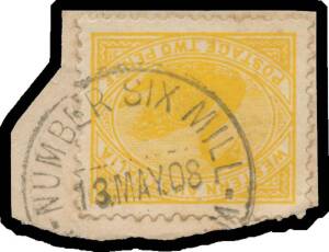 Jarrahdale No 6 Mill: 'NUMBER SIX MILL/13MAY08/[WESTERN AUSTRAL]IA' (ERD by 6 months) very fine strike on 2d yellow on piece. RO 1/4/1899; PO 2/3/1908; closed 28/8/1913. [Timber mill: 15km SSE of Jarrahdale]