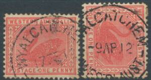 Wyalcatchem: 'WYALCATCHEM/WESTN AUST' two large-part & largely very fine strikes of 17FE12 & 9AP12 on 1d Swans. RO 9/3/1911; PO 16/10/1911; renamed Wyalkatchem -/3/1920. (2)