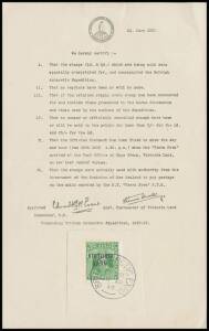 NEW ZEALAND: Victoria Land &frac12;d & 1d SG.A2-3 tied to two small pieces by 'BRIT ANTARCTIC EXPD/JA18/13' cds & hinged to the face of separate Expedition certificates. [18/1/1913 was the day the "Terra Nova" arrived at Cape Evans] (2)