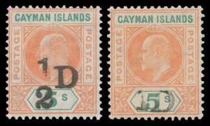 CAYMAN ISLANDS: 1907 Handstamped Surcharges, '&frac12;D' & '1D' both on 5/- salmon & green SG 18 & 19, the 1d on 5/- is very lightly mounted, Cat &pound;575.