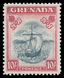 GRENADA: 1938-50 KGVI 10/- Badge of the Colony Perf 12x13 (possibly unmounted), Perf 14 steel-blue & bright carmine, Perf 12 (minor hinge remainder) & Perf 14 blue-black & carmine SG 163, 163a, 163c & 163e, very lighty mounted, Cat &pound;1080. (4)