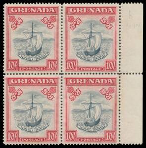 GRENADA: 10/- Badge of the Colony Narrow Printing Perf 14 slate-blue & bright carmine SG 163b marginal block of 4 from the right of the sheet, minor gum toning on the last unit, unmounted, Cat &pound;1200+. A rare block.