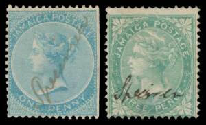 JAMAICA: 1860 Pineapple Watermark 1d pale blue (trimmed perfs at right) & 3d green (weak lower-left corner perf) with manuscript "Specimen" diagonally or horizontally, no gum. Rare.