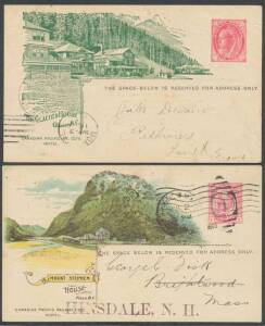 CANADIAN PACIFIC RAILWAY POSTAL CARDS: Scenic issues with QV 1c x2, KEVII 1c x5 (one with the notice on the back inverted), KGV 1c & KGV 2c, also QV 1c illustrated advertising card for Dominion Express Company with postman's d/s & 'NOT CALLED FOR' h/s, al