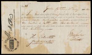1811 Second of Exchange with a magnificent strike of 'CEYLON STAMP/9 Fs/1809', stained - the early currency was "fanums"; 1811 entire letter Colombo to Jaffna, rather aged but presentable; 1889 & 1890 OHMS lettersheets both with 'COLOMBO/FREE' cds, 'JAFFN