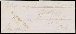 1832 large-part OHMS outer endorsed "Ratnapoora Catchery September Twenty Nine 1832" & signed at lower-left, to Kandy with fine if watery strikes of previously unrecorded 'RATNAPOOR' & 'FREE' handstamps. An exciting new discovery of a significant rarity, 