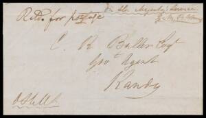 1853 OHMS outer signed "Ga MB Worms", to Kandy with horseshoe 'PUSILAWE/("23 Decr 53")/=POST-("Free")' h/s (Oxley #21 - "Free" not recorded; Proud #D2) b/s, perversely endorsed "Retd for Postage" but with a second "Free" b/s of "25th Decr 53" (Christmas D