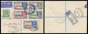 1935 philatelic airmail cover to Cornwall with Straits Settlements Silver Jubilee set + extra 12c & 2c green tied by three poor to very fine strikes of 33mm double-circle 'CHRISTMAS ISLAND/16DE/1935/ + ' cds & Straits 'Christmas Island' registration label