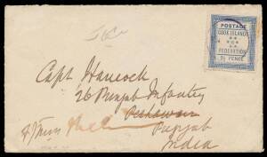 1893 cover to an army officer in the Punjab with Federation 2&frac12;d & light 'RAROTONGA/7MR93' cds in violet, light Auckland & Bombay transit b/s & fine 'PESHAWAR' arrival b/s, redirected within the Punjab with Urdu notation at the top & indistinct arrival b/s