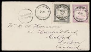 1893 cover to London with Federation 1d black & 1&frac12;d mauve, 'COOK ISLANDS/P.O./RAROTONGA' cancels & 'RAROTONGA/9MY93' cds alongside, Auckland transit & London arrival b/s in red. Another very fine First Issue cover.