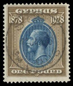 1928 50th Anniversary of British Rule &frac14;pi to &pound;1 SG 123-132, all with central 'SOLI/12JAN35/CYPRUS' cds (ERD by 11 months), corner thins on the 1&frac12;pi 18pi & 45pi, Cat &pound;400. [Ted Proud notes the post office was "at the archaeological camp". His ERD is 4DEC35