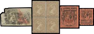 Collection remainders with 1878 No Wmk 1/- block of 4, 1890s registered piece with 1d Bisect & 4d, defective 1890 cover to GB with QV 1/- & superb 'South Georgia.' h/s, KEVII 3/- on 1905 registered cover to GB, KGV MCA 5/- maroon 10/- & &pound;1 with 'SPECIMEN'