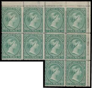 1878-79 No Watermark 6d blue-green SG 3 corner block of 10 (4x3, missing units 9 & 10) from the upper-right of the left-hand pane, a couple of minor varieties noted, some perf separation/rejoining, large-part o.g. with two units being unmounted, Cat &pound;1100