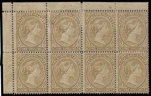 1878-79 No Watermark 1/- bistre SG 4 annotated group comprising singles x7 (one used), corner pair, block of 4 from the base of the sheet & imperf at base, upper-right corner block of 6 imperf at right, and upper-left corner block of 8 (some perf separati