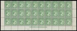 1891-1902 CA Upright &frac12;d deep yellow-green SG 17 block of 30 (10x3) from the base of the sheet with full 'Bradbury, Wilkinson & Co Ld London' imprint, a couple of minor blemishes & a few units mounted; and 4d olive-black SG 32 marginal block of 20 (5x4) fr