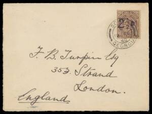 1928 South Georgia Provisional '2&frac12;D' handstamp on 2d purple SG 115 tied to cover to London by very fine 'SOUTH/19FE/28/GEORGIA' cds, small piece of flap missing on the reverse, Cat &pound;1300 x2. Unfortunately, this cover is a complete fabrication, both the su